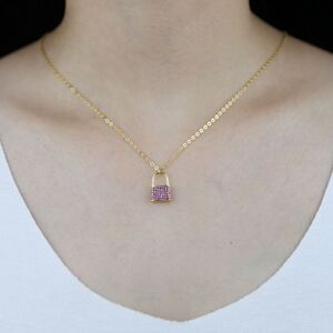 Red Gold Cubic Zirconia Lock Pendant Necklace Chain Padlock